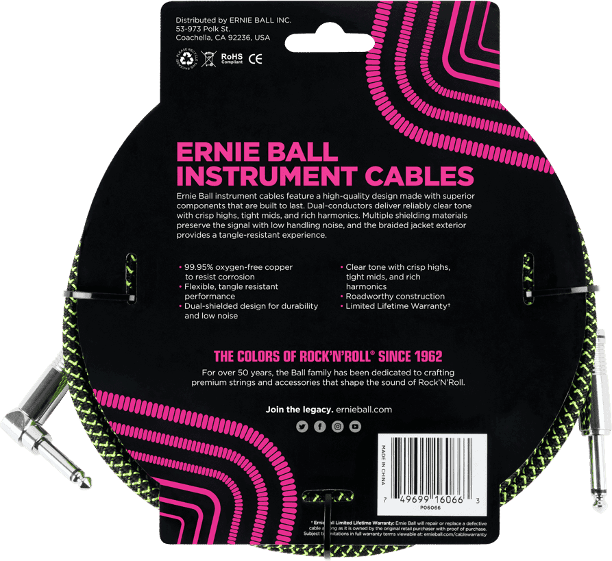 Ernie Ball 6077 Instrumentenkabel Schwarz/Grün gewebt | 3 Meter